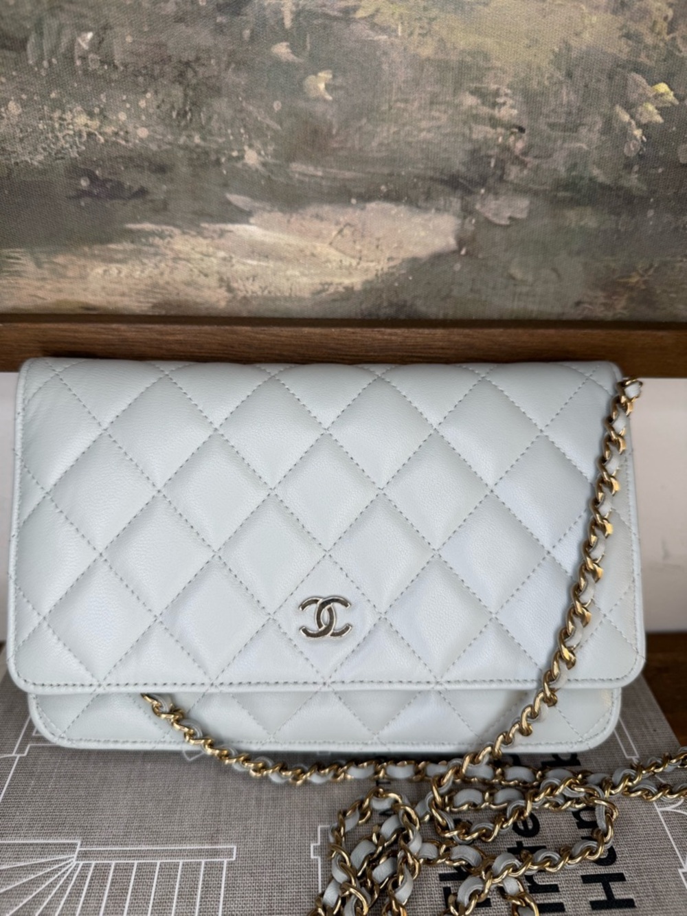 CHANEL Light Blue Quilted Lambskin Crossbody with Gold Chain